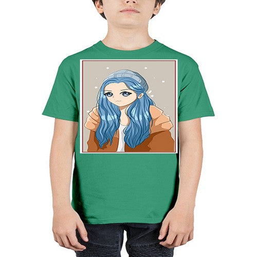 Cute and beautiful girl long blue hair in the winter 142# - anime - Youth Tee Unisex