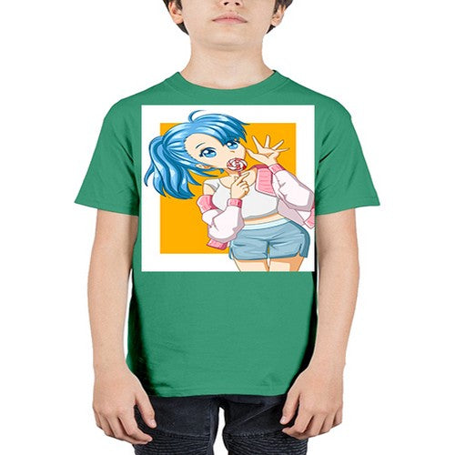 Cute and happy girl blue hair eating the lollipop 112# - anime - Youth Tee Unisex