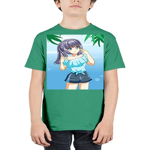Cute and happy girl with blue shirt in summer 125# - anime - Youth Tee Unisex
