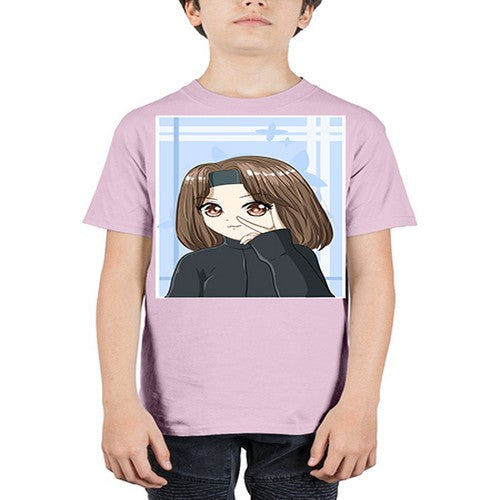 Beautiful and happy girl brown short hair with black jacket 89# - anime - Youth Tee Unisex