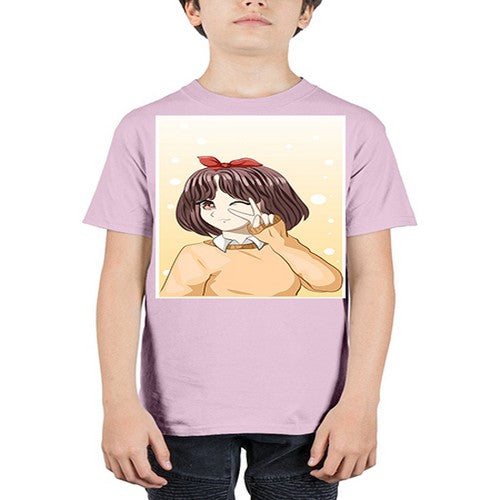 Beautiful and happy girl brown short hair with cheers hand 86# - anime - Youth Tee Unisex