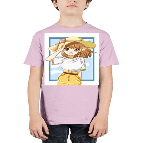 Cute and beautiful girl brown hair with yellow hat in the summer 148# - anime - Youth Tee Unisex