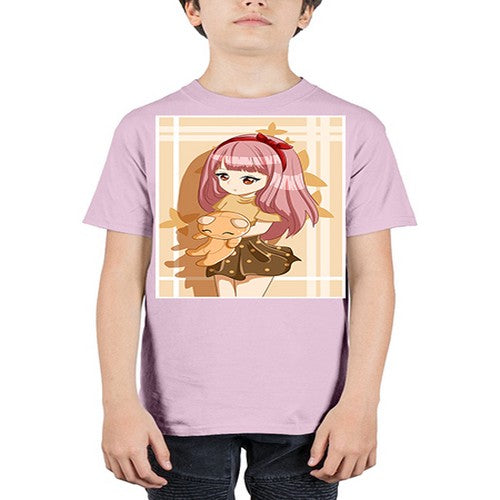 Cute and beautiful girl long pink hair with doll 9# - anime - Youth Tee Unisex
