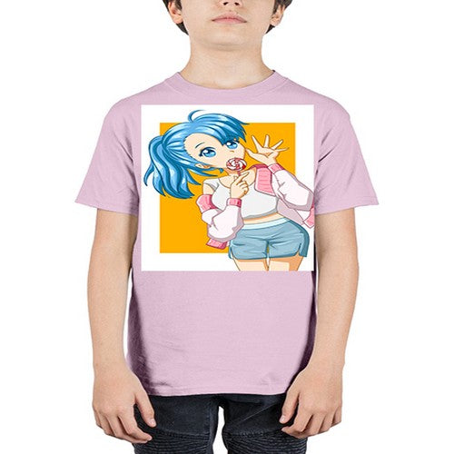 Cute and happy girl blue hair eating the lollipop 112# - anime - Youth Tee Unisex