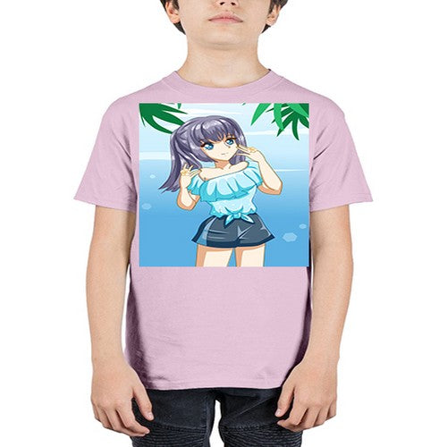 Cute and happy girl with blue shirt in summer 125# - anime - Youth Tee Unisex