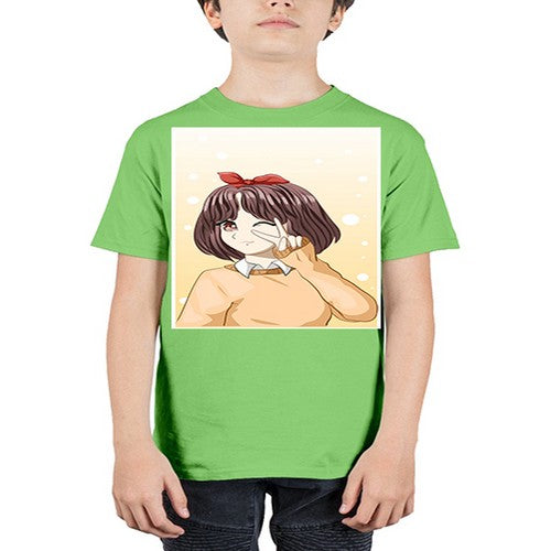 Beautiful and happy girl brown short hair with cheers hand 86# - anime - Youth Tee Unisex