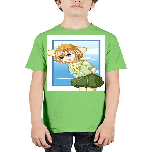 Cute and beautiful girl brown hair with green dress in the summer 159# - anime - Youth Tee Unisex