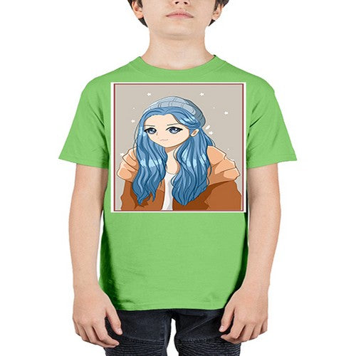Cute and beautiful girl long blue hair in the winter 142# - anime - Youth Tee Unisex