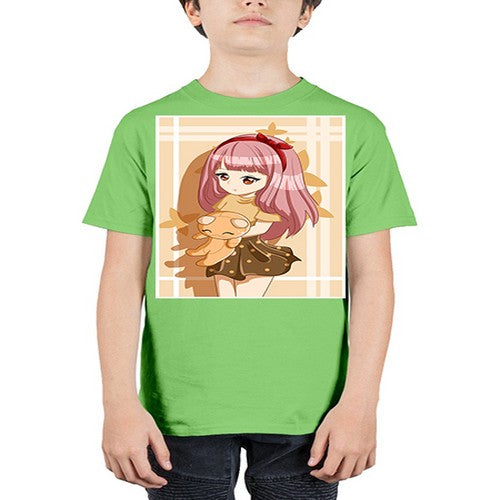 Cute and beautiful girl long pink hair with doll 9# - anime - Youth Tee Unisex