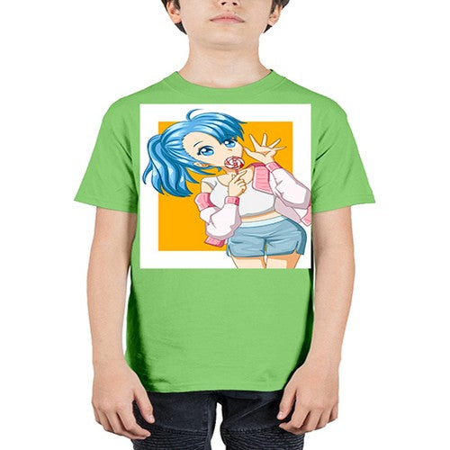 Cute and happy girl blue hair eating the lollipop 112# - anime - Youth Tee Unisex