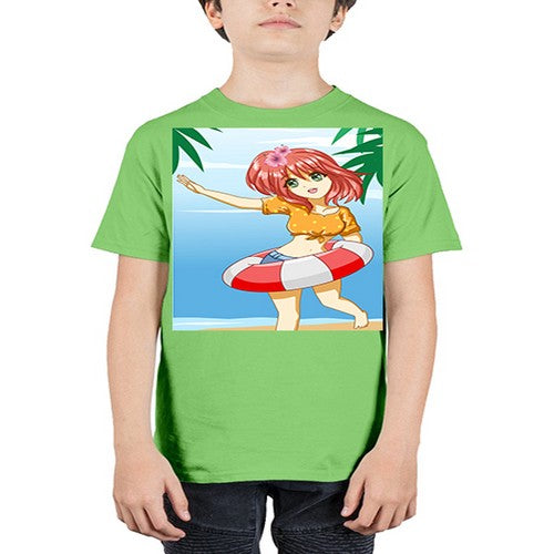 Cute and happy girl in beach with buoy in the summer 184# - anime - Youth Tee Unisex