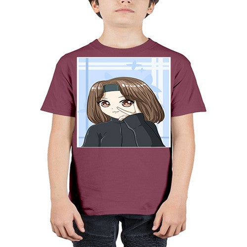 Beautiful and happy girl brown short hair with black jacket 89# - anime - Youth Tee Unisex