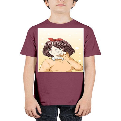 Beautiful and happy girl brown short hair with cheers hand 86# - anime - Youth Tee Unisex