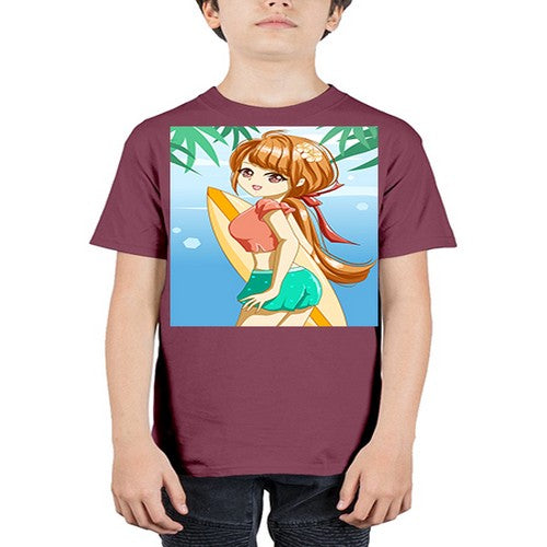 Beautiful girl with surfing board in summer 119# - anime - Youth Tee Unisex