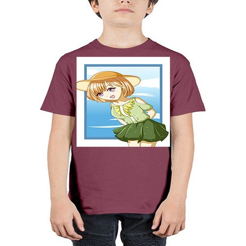 Cute and beautiful girl brown hair with green dress in the summer 159# - anime - Youth Tee Unisex