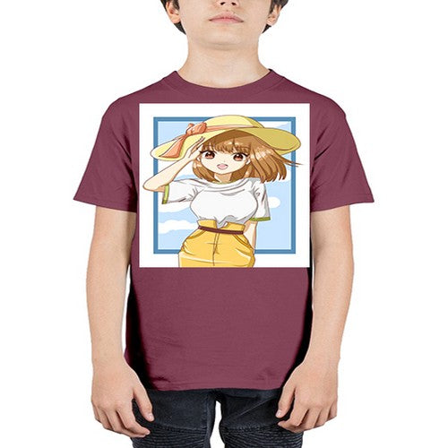 Cute and beautiful girl brown hair with yellow hat in the summer 148# - anime - Youth Tee Unisex