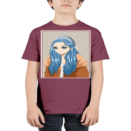 Cute and beautiful girl long blue hair in the winter 142# - anime - Youth Tee Unisex