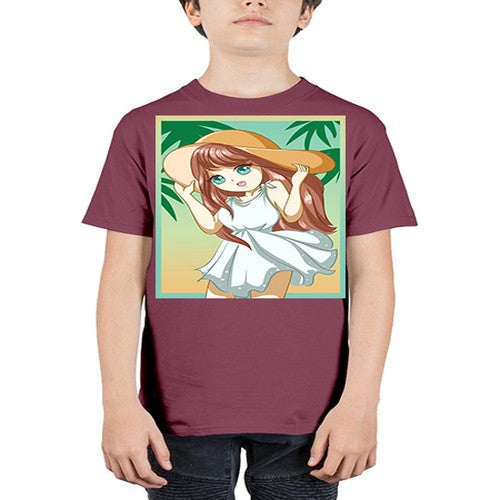 Cute and beautiful girl with white dress in beach at summer 162# - anime - Youth Tee Unisex