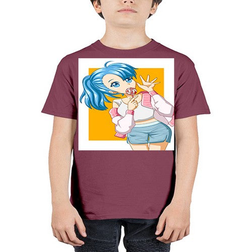 Cute and happy girl blue hair eating the lollipop 112# - anime - Youth Tee Unisex