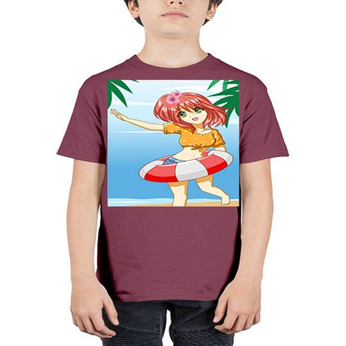 Cute and happy girl in beach with buoy in the summer 184# - anime - Youth Tee Unisex