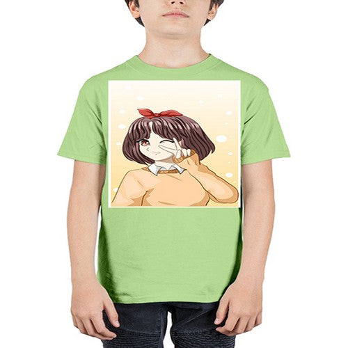 Beautiful and happy girl brown short hair with cheers hand 86# - anime - Youth Tee Unisex