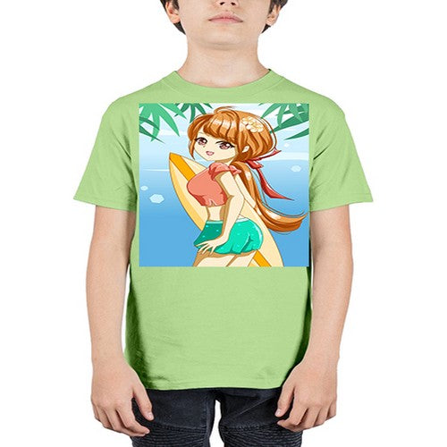 Beautiful girl with surfing board in summer 119# - anime - Youth Tee Unisex