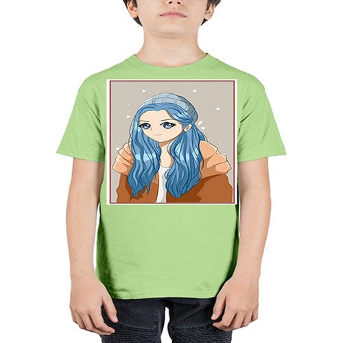 Cute and beautiful girl long blue hair in the winter 142# - anime - Youth Tee Unisex