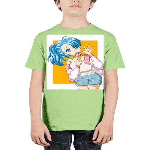 Cute and happy girl blue hair eating the lollipop 112# - anime - Youth Tee Unisex