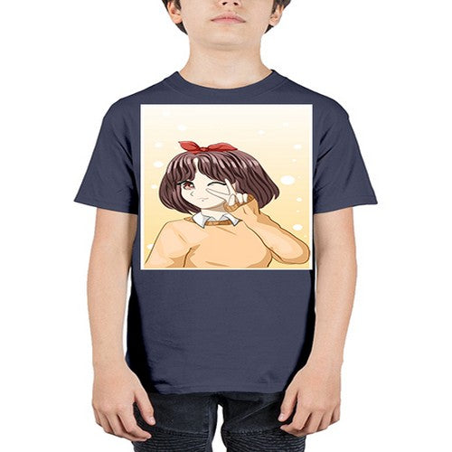 Beautiful and happy girl brown short hair with cheers hand 86# - anime - Youth Tee Unisex