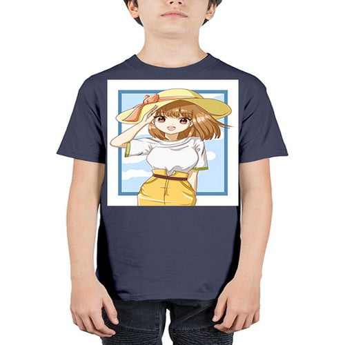 Cute and beautiful girl brown hair with yellow hat in the summer 148# - anime - Youth Tee Unisex