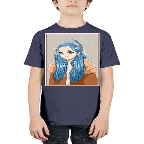 Cute and beautiful girl long blue hair in the winter 142# - anime - Youth Tee Unisex