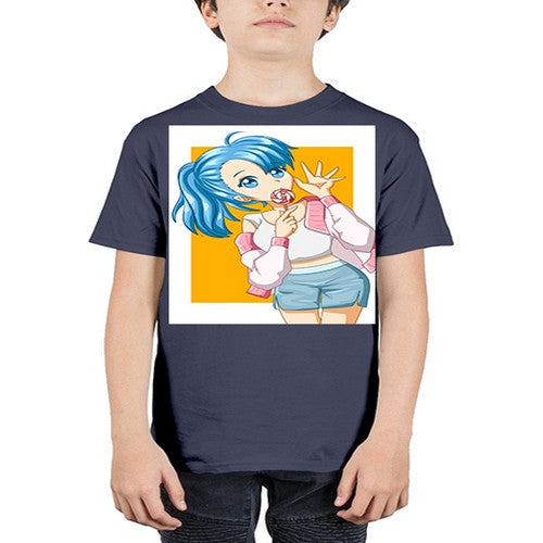 Cute and happy girl blue hair eating the lollipop 112# - anime - Youth Tee Unisex