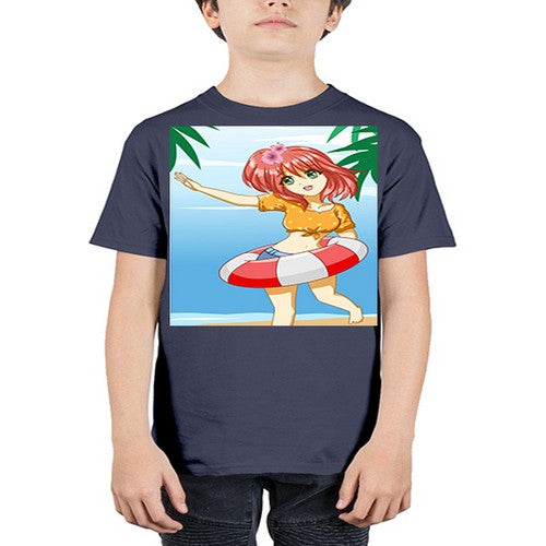 Cute and happy girl in beach with buoy in the summer 184# - anime - Youth Tee Unisex