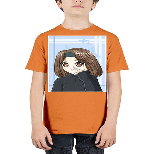 Beautiful and happy girl brown short hair with black jacket 89# - anime - Youth Tee Unisex