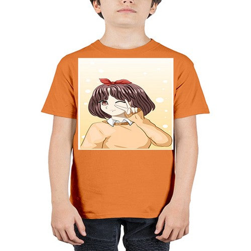 Beautiful and happy girl brown short hair with cheers hand 86# - anime - Youth Tee Unisex