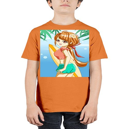 Beautiful girl with surfing board in summer 119# - anime - Youth Tee Unisex