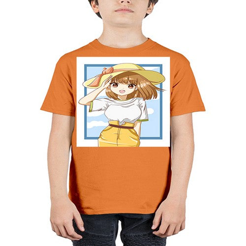 Cute and beautiful girl brown hair with yellow hat in the summer 148# - anime - Youth Tee Unisex