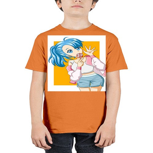 Cute and happy girl blue hair eating the lollipop 112# - anime - Youth Tee Unisex
