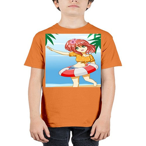 Cute and happy girl in beach with buoy in the summer 184# - anime - Youth Tee Unisex