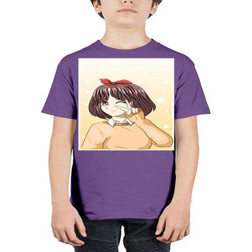 Beautiful and happy girl brown short hair with cheers hand 86# - anime - Youth Tee Unisex