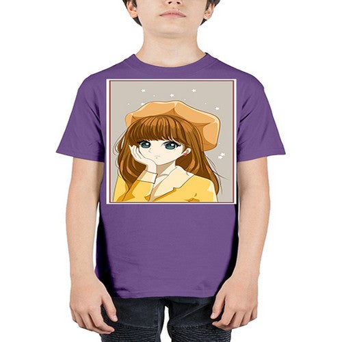 Beautiful and pretty girl brown long hair with yellow hat 128# - anime - Youth Tee Unisex