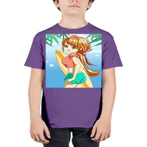 Beautiful girl with surfing board in summer 119# - anime - Youth Tee Unisex