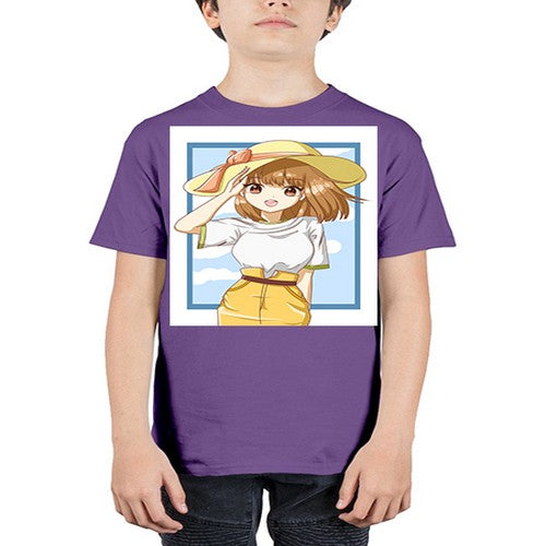 Cute and beautiful girl brown hair with yellow hat in the summer 148# - anime - Youth Tee Unisex