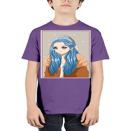 Cute and beautiful girl long blue hair in the winter 142# - anime - Youth Tee Unisex