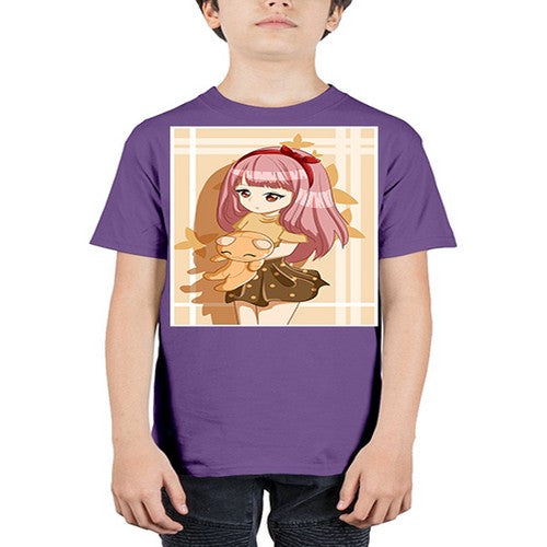 Cute and beautiful girl long pink hair with doll 9# - anime - Youth Tee Unisex