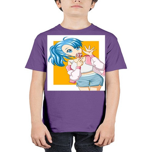 Cute and happy girl blue hair eating the lollipop 112# - anime - Youth Tee Unisex
