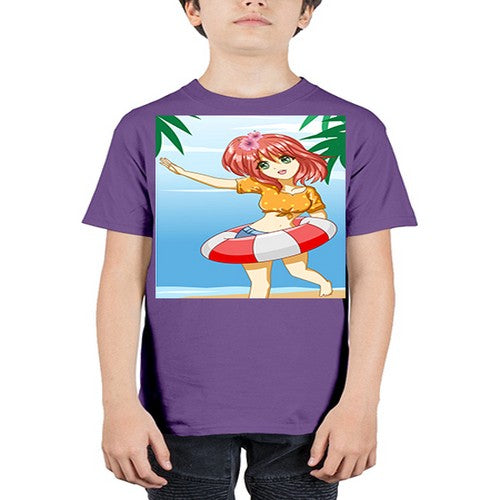 Cute and happy girl in beach with buoy in the summer 184# - anime - Youth Tee Unisex