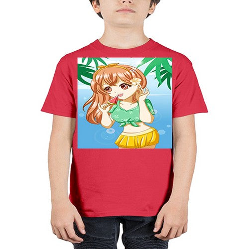 Beautiful and cute girl yellow hair with ice cream in beach in the summer 178# - anime - Youth Tee Unisex