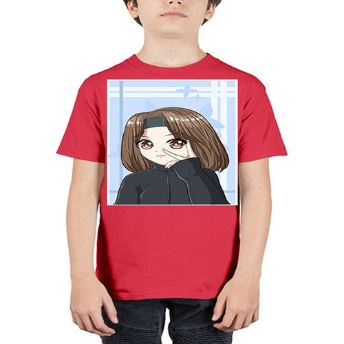 Beautiful and happy girl brown short hair with black jacket 89# - anime - Youth Tee Unisex