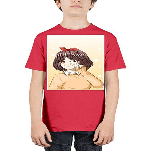 Beautiful and happy girl brown short hair with cheers hand 86# - anime - Youth Tee Unisex